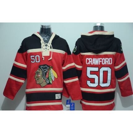 Blackhawks #50 Corey Crawford Red Sawyer Hooded Sweatshirt Stitched NHL Jersey