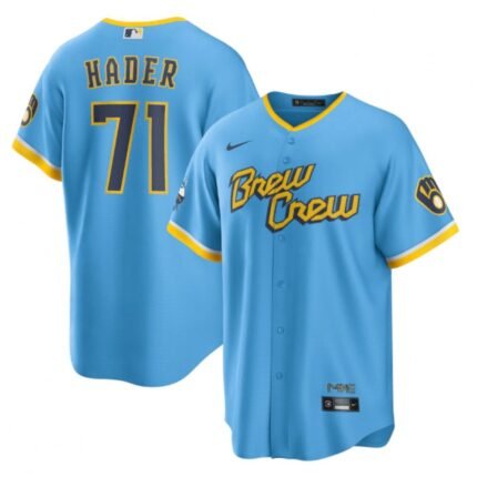 Men's Milwaukee Brewers #71  Josh Hader 2022 Powder Blue City Connect Cool Base Stitched Jersey