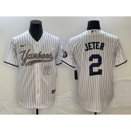 Men's New York Yankees #2 Derek Jeter White With Patch  Cool Base Stitched Baseball Jersey