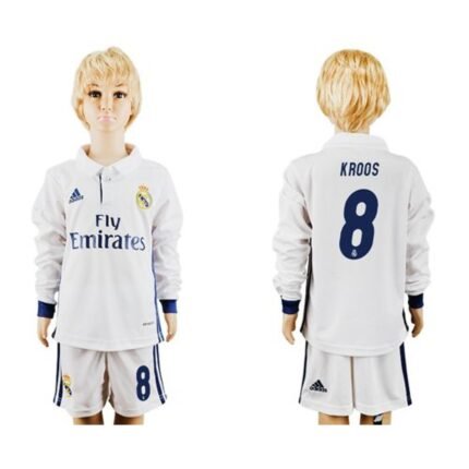Real Madrid #8 Kroos Home Long Sleeves Kid Soccer Club Jersey